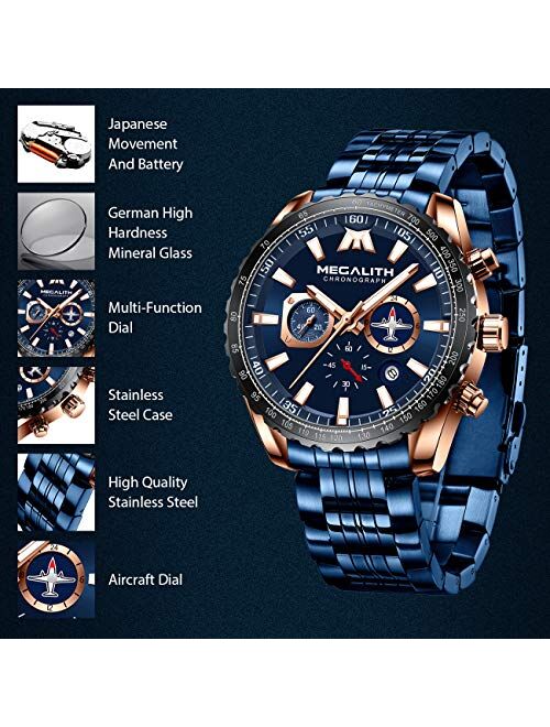 MEGALITH Mens Watches Chronograph Waterproof Watch Stainless Steel Watch Men Sports Military Watch Analog Quartz Date Calendar Luminous Watches for Man Business Gents Mul