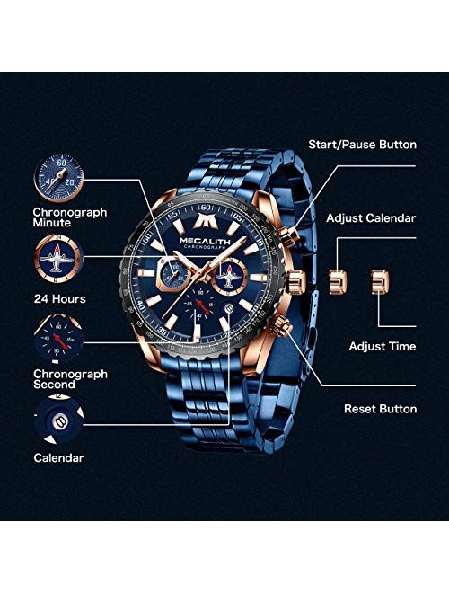 MEGALITH Mens Watches Chronograph Waterproof Watch Stainless Steel Watch Men Sports Military Watch Analog Quartz Date Calendar Luminous Watches for Man Business Gents Mul