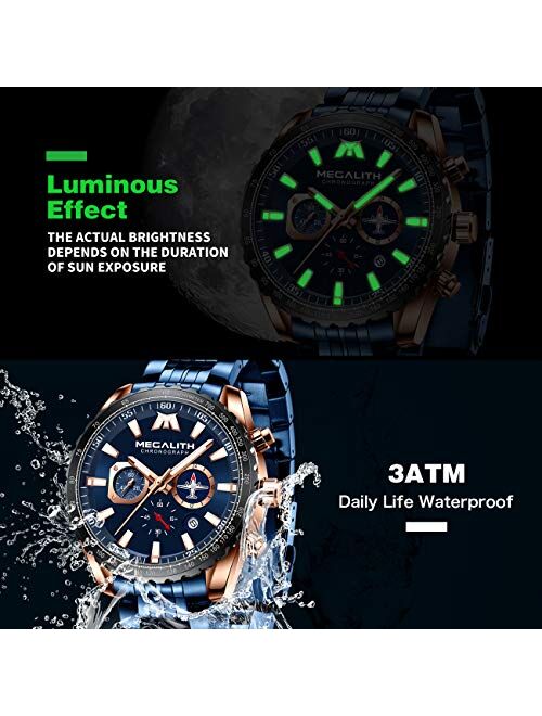 MEGALITH Mens Watches Chronograph Waterproof Watch Stainless Steel Watch Men Sports Military Watch Analog Quartz Date Calendar Luminous Watches for Man Business Gents Mul