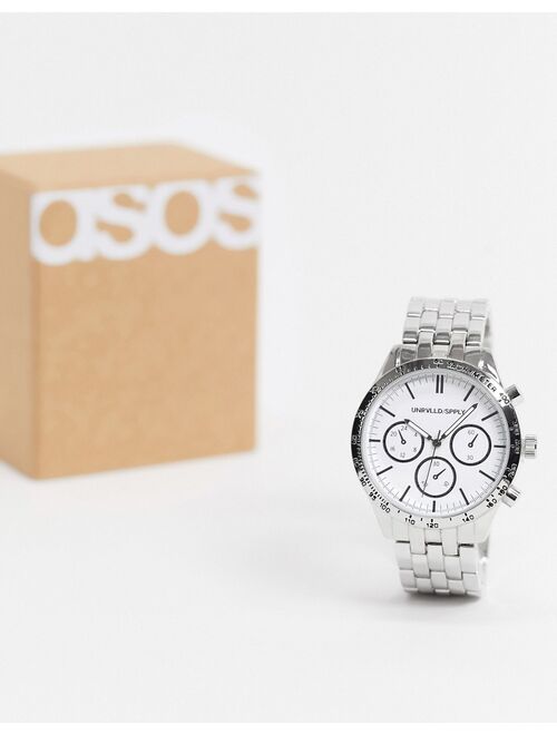 Asos Design Chunky Bracelet Chronograph Watch With White Dial in Silver Tone