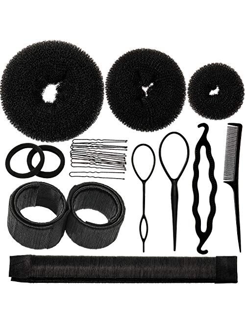 Hair Bun Shaper Set, Include 3 Pieces Hair Bun Donut, 2 Pieces Bun Marker, 4 Pieces Ponytail Hair Tool, 10 Pieces Bobby Pins and 2 Pieces Elastic Bands for Women Kids Hai