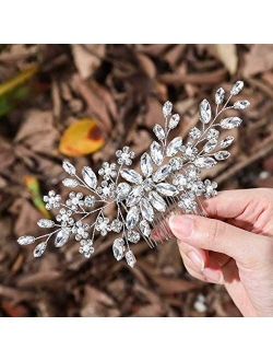 Unsutuo Crystal Bride Wedding Hair Comb Silver Rhinestone Flower Bridal Hair Pieces Pearl Wedding Hair Accessories for Women and Girls… (Silver)