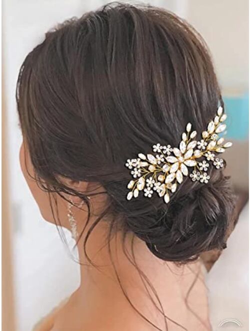 Unsutuo Crystal Bride Wedding Hair Comb Silver Rhinestone Flower Bridal Hair Pieces Pearl Wedding Hair Accessories for Women and Girls… (Silver)