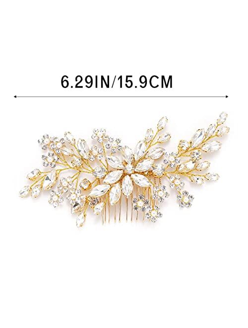 Unsutuo Crystal Bride Wedding Hair Comb Silver Rhinestone Flower Bridal Hair Pieces Pearl Wedding Hair Accessories for Women and Girls… (Silver)