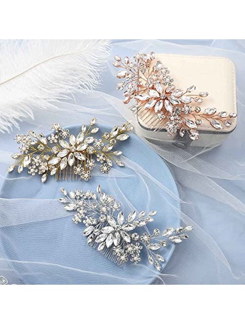 Unsutuo Crystal Bride Wedding Hair Comb Silver Rhinestone Flower Bridal Hair Pieces Pearl Wedding Hair Accessories for Women and Girls… (Silver)