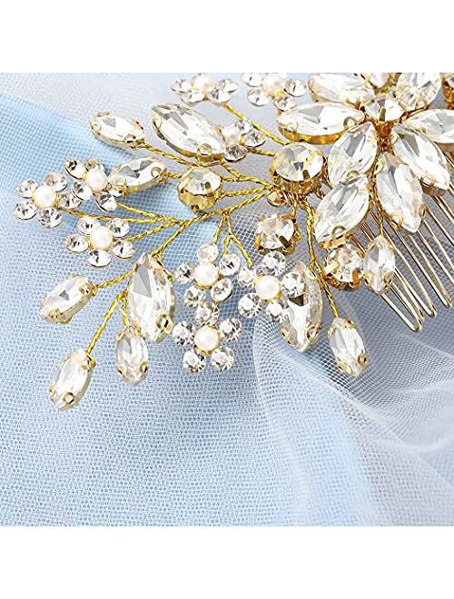 Unsutuo Crystal Bride Wedding Hair Comb Silver Rhinestone Flower Bridal Hair Pieces Pearl Wedding Hair Accessories for Women and Girls… (Silver)