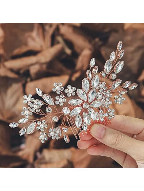 Unsutuo Crystal Bride Wedding Hair Comb Silver Rhinestone Flower Bridal Hair Pieces Pearl Wedding Hair Accessories for Women and Girls… (Silver)