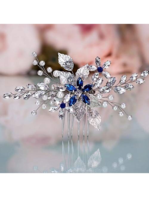 Olbye Wedding Hair Comb Blue Rhinestone Bridal Hair Accessories for Bride and Bridesmaids Wedding Hair Piece Silver