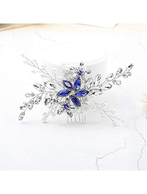 Olbye Wedding Hair Comb Blue Rhinestone Bridal Hair Accessories for Bride and Bridesmaids Wedding Hair Piece Silver