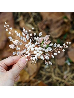 Yean Bride Leaf Bridal Hair Comb Pearl Wedding Hair Piece Rhinestone Hair Accessories for Women and Girls (Silver)