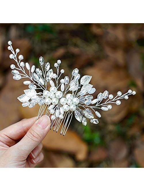 Yean Bride Leaf Bridal Hair Comb Pearl Wedding Hair Piece Rhinestone Hair Accessories for Women and Girls (Silver)