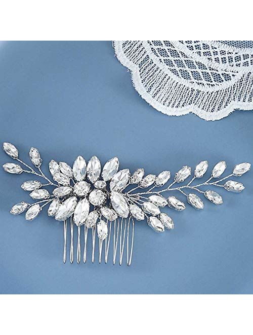 Unsutuo Crystal Bride Wedding Hair Comb Silver Leaf Bridal Hair Accessories Rhinestone Hair Pieces for Women and Girls