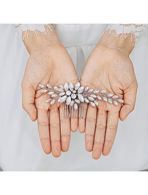 Unsutuo Crystal Bride Wedding Hair Comb Silver Leaf Bridal Hair Accessories Rhinestone Hair Pieces for Women and Girls