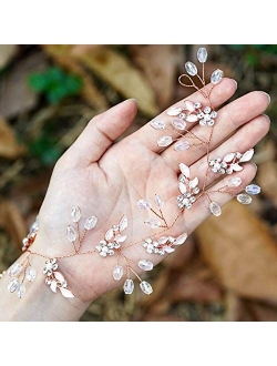 Unicra Leaf Wedding Hair Vine Flower Bridal Hair Piece Crystal Rhinestone Long Headband for Women and Girls (Rose Gold)