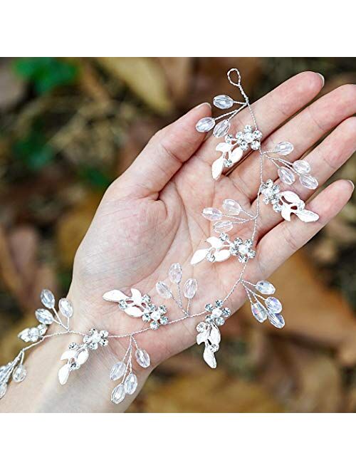 Unicra Leaf Wedding Hair Vine Flower Bridal Hair Piece Crystal Rhinestone Long Headband for Women and Girls (Rose Gold)