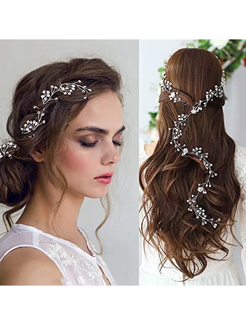 Bridal Headpieces for Wedding , 1.5m Bridal Hair Vines Wedding Silver Extra Long Pearl and Crystal Beads Bridal Hair Accessories Headband Hair pieces for Women and Girls