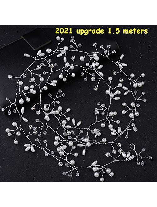 Bridal Headpieces for Wedding , 1.5m Bridal Hair Vines Wedding Silver Extra Long Pearl and Crystal Beads Bridal Hair Accessories Headband Hair pieces for Women and Girls