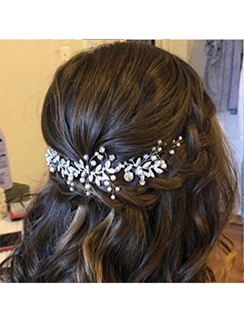 Unsutuo Crystal Bridal Headband Silver Rhinestone Leaves Wedding Hair Vine Pearls Bride Hair Pieces for Women and Girls(Silver)