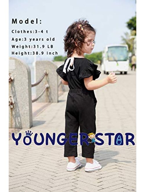 YOUNGER STAR Baby Girl Romper Casual Ruffle Sleeveless Overalls Pants with Pocket Outfits Black Gray Toddler Jumpsuit 6M-4T