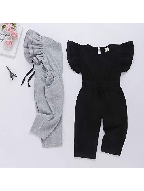 YOUNGER STAR Baby Girl Romper Casual Ruffle Sleeveless Overalls Pants with Pocket Outfits Black Gray Toddler Jumpsuit 6M-4T