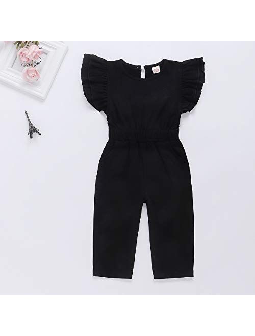 YOUNGER STAR Baby Girl Romper Casual Ruffle Sleeveless Overalls Pants with Pocket Outfits Black Gray Toddler Jumpsuit 6M-4T