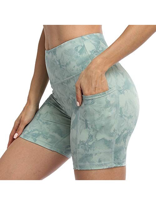 RAYPOSE Yoga Tie Dye Shorts for Women Workout Print Tummy Control Capris Biker High Waist Shorts with Pockets