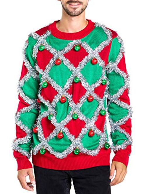 Tipsy Elves Men's Ornament and Garland Ugly Christmas Sweater - Green and Red Funny Tacky Tinsel Christmas Sweater