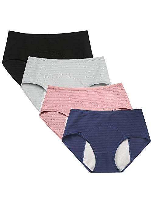 Kissecret Teen Girl's Cotton Menstrual Period Panties Pack of 4pcs Women Leak-Proof Protective Underwear Briefs