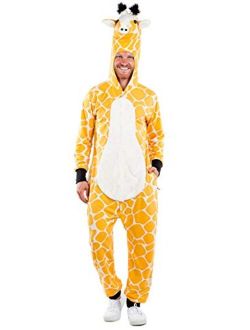 Funny Animal Halloween Giraffe Costume Jumpsuit with Stuffed Animal Style Hood for Men