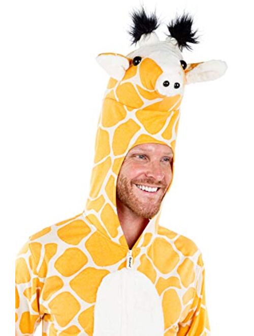 Tipsy Elves Funny Animal Halloween Giraffe Costume Jumpsuit with Stuffed Animal Style Hood for Men