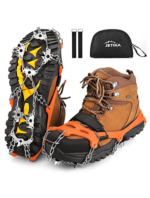 JETIKA 28 Spikes Crampons for Hiking Boots, Ice Cleats for Shoes and Boots, Shoe Ice & Snow Grips for Women and Men, Traction Cleats for Snow and Ice Walking, Fishing and