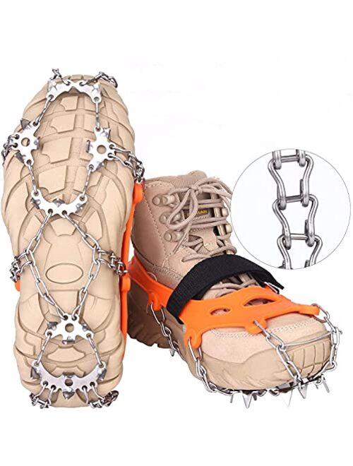 VANGAY Crampons 19 Spikes Stainless Steel Anti-Slip Ice Cleats Traction for Shoes Boots, Durable Chain, Spikes and Silicone Ice Snow Grips for Walking Climbing Jogging Hi