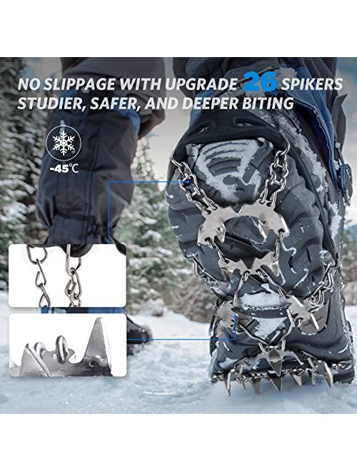 Crampons Ice Cleats, Ice Snow Grips with 26 Stainless Steel Spikes for Hiking Climbing Fishing Walking Jogging, Fit for Shoes and Boots, Men and Women