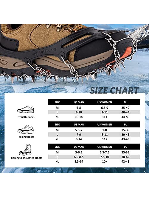 Crampons Ice Cleats, Ice Snow Grips with 26 Stainless Steel Spikes for Hiking Climbing Fishing Walking Jogging, Fit for Shoes and Boots, Men and Women