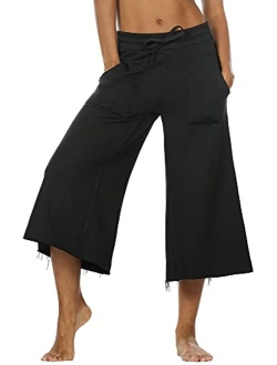 icyzone Culottes Capri Pants for Women - Elastic Waist Wide Leg Joggers Casual Lounge Cotton Sweatpants with Pockets