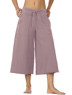 icyzone Culottes Capri Pants for Women - Elastic Waist Wide Leg Joggers Casual Lounge Cotton Sweatpants with Pockets