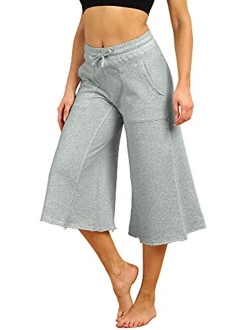 icyzone Culottes Capri Pants for Women - Elastic Waist Wide Leg Joggers Casual Lounge Cotton Sweatpants with Pockets