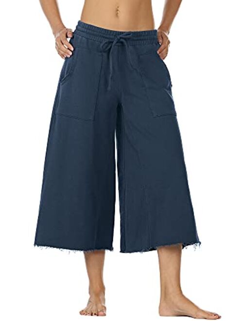 icyzone Culottes Capri Pants for Women - Elastic Waist Wide Leg Joggers Casual Lounge Cotton Sweatpants with Pockets