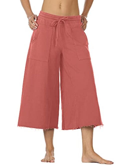 icyzone Culottes Capri Pants for Women - Elastic Waist Wide Leg Joggers Casual Lounge Cotton Sweatpants with Pockets