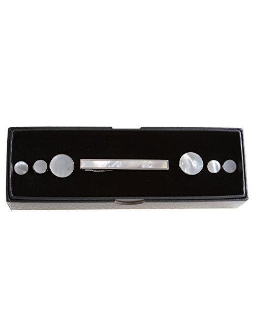 MRCUFF Mother of Pearl Cufflinks & Tie Clip Bar & Studs Tuxedo Set in Presentation Gift Box & Polishing Cloth