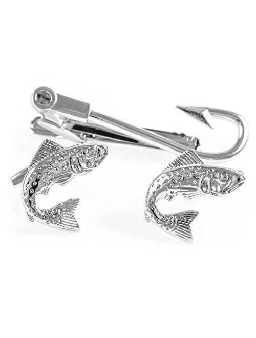 MRCUFF Fish Fisherman Fishing Hook Pair of Cufflinks & Tie Bar Clip in Presentation Gift Box & Polishing Cloth