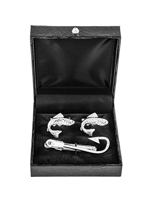 MRCUFF Fish Fisherman Fishing Hook Pair of Cufflinks & Tie Bar Clip in Presentation Gift Box & Polishing Cloth