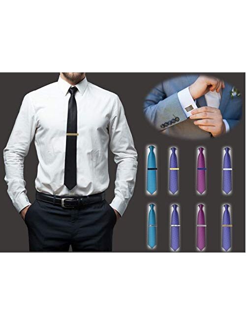 KIKSBEST 8 PCS Tie Clips Set for Men with Cufflinks Silver Gold Black Ties Bar Clip with Gift Box for Wedding Business