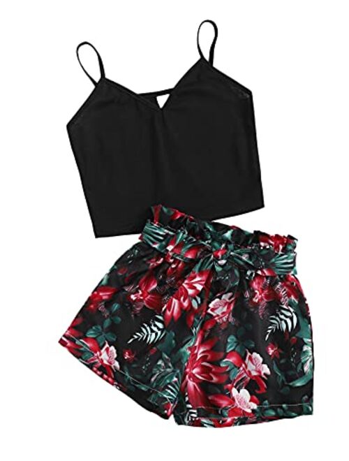 Romwe Girl's Summer 2 Piece Twist Front Crop Tops with Floral Belted Short Set