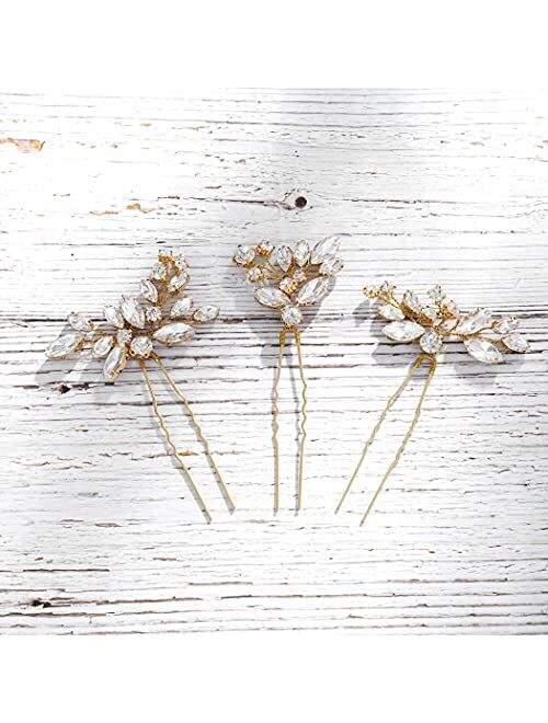 Jakawin Crystal Bride Wedding Hair Pins Silver Hair Piece Bridal Flower Hair Accessories for Women and Girls HP130 (Gold)