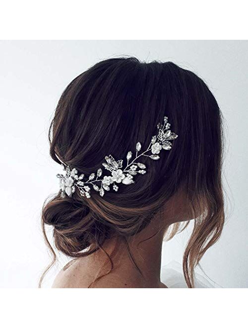 Unicra Bride Flower Wedding Hair Vine Pearls Bridal Hair Piece Crystal Hair Accessories for Women and Girls (Silver)