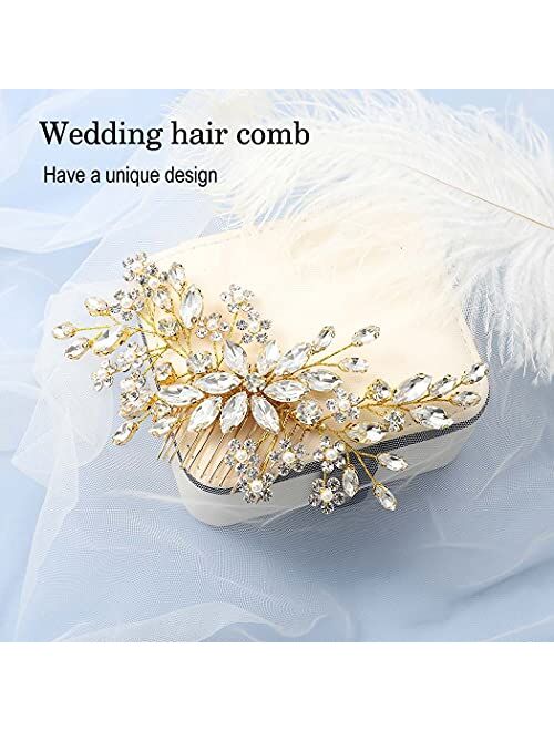 Catery Flower Crystal Bride Wedding Hair Comb Hair Accessories with Pearl Bridal Side Combs Headpiece for Women (Silver) (Silver)