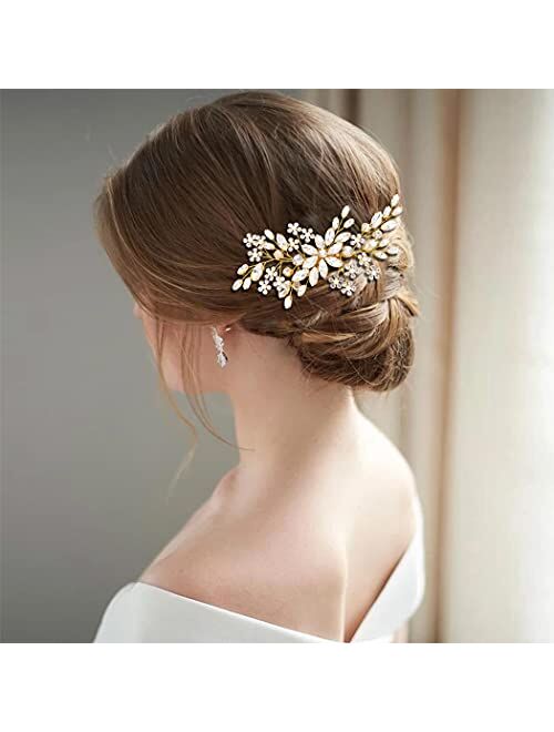 Catery Flower Crystal Bride Wedding Hair Comb Hair Accessories with Pearl Bridal Side Combs Headpiece for Women (Silver) (Silver)