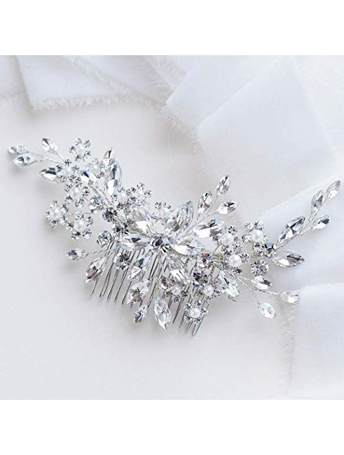 Catery Flower Crystal Bride Wedding Hair Comb Hair Accessories with Pearl Bridal Side Combs Headpiece for Women (Silver) (Silver)