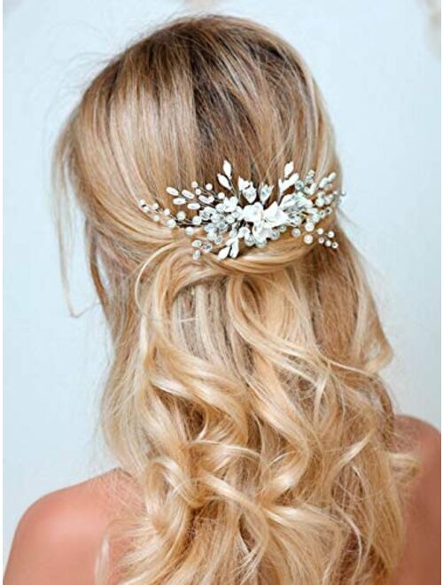 Barogirl Wedding White Flower Hair Comb Clip Crystal Bride Hair Piece Bridal Hair Accessories for Women